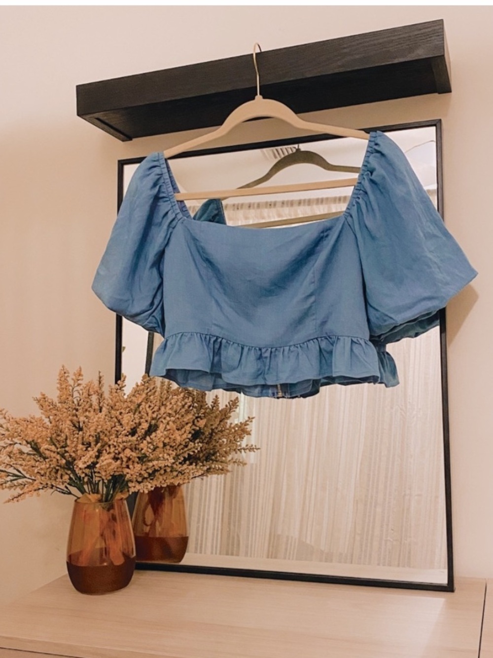Kittenish Chambray Square-Neck Crop Top in Blue